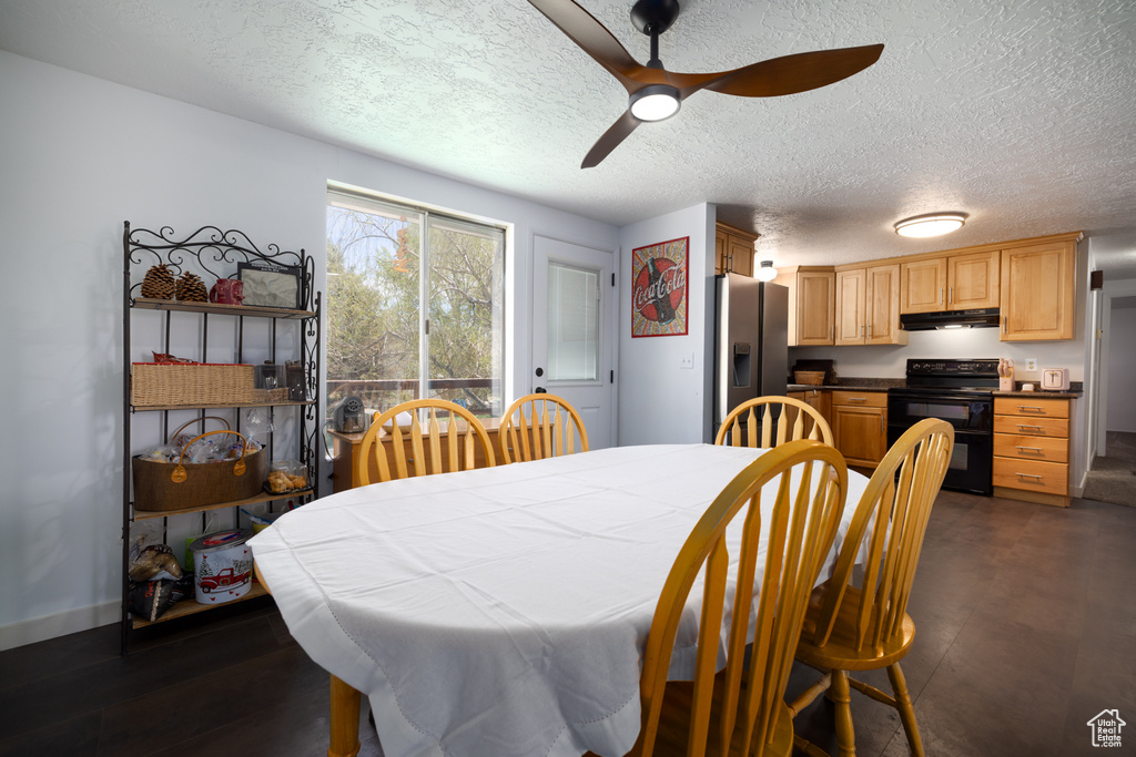 Dining room featuring ceiling fan and a textured ceiling