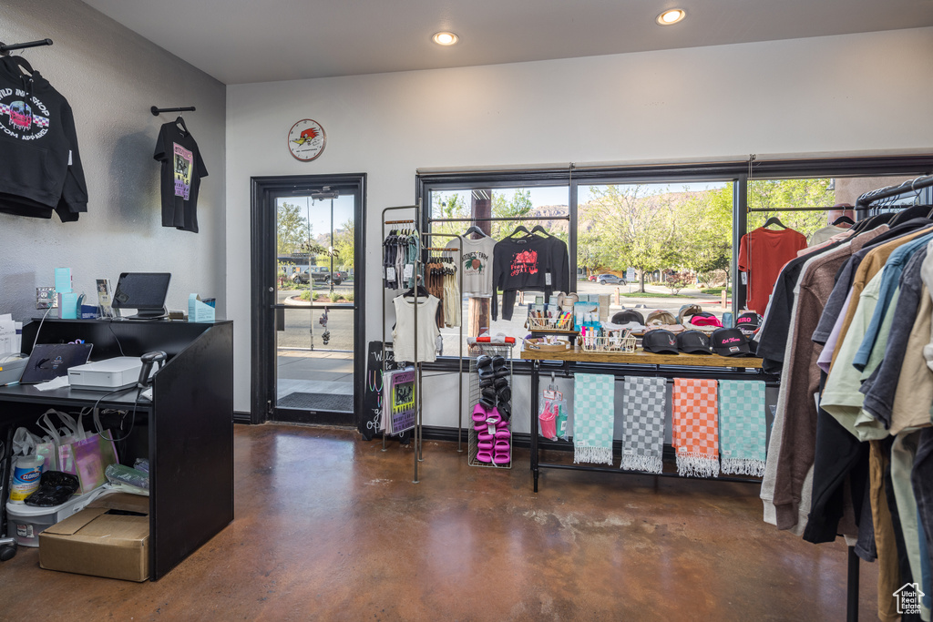 Interior space featuring recessed lighting and finished concrete flooring