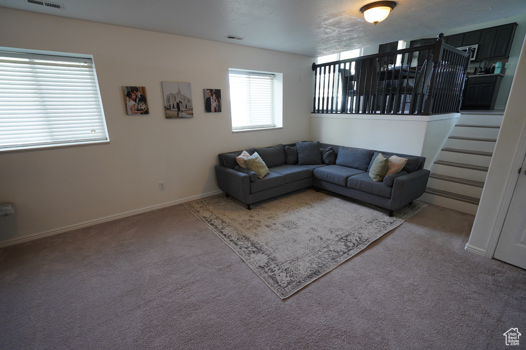 Carpeted living area with baseboards and visible vents