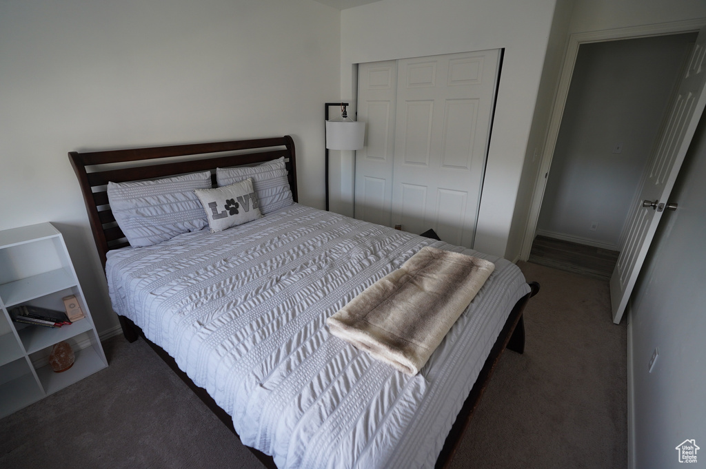 Bedroom with baseboards, a closet, and carpet flooring