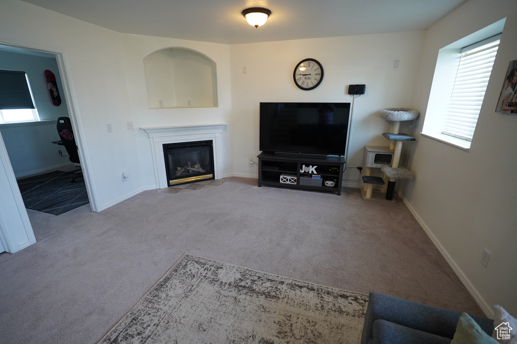 Living area with a fireplace with flush hearth, a healthy amount of sunlight, baseboards, and carpet floors