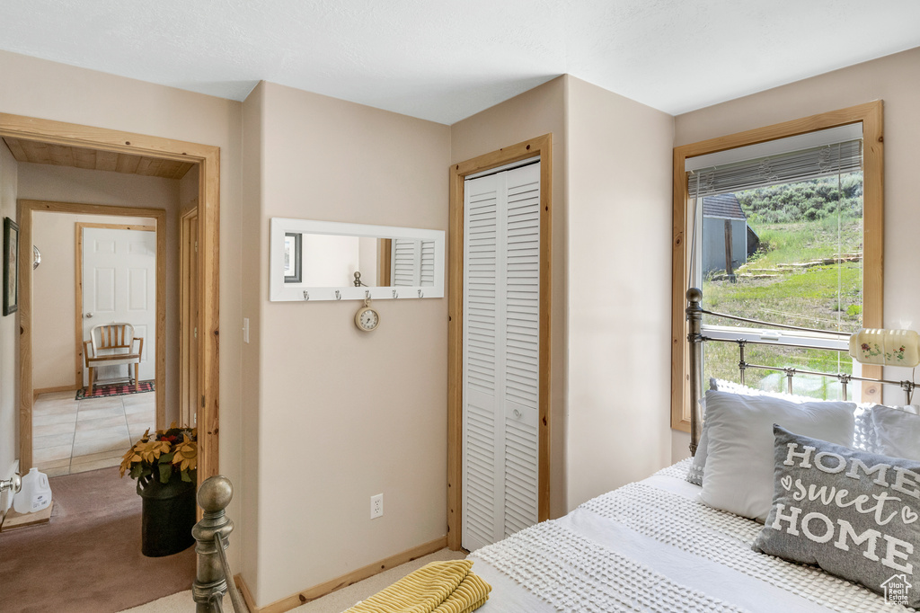 Bedroom with a closet, carpet floors, and baseboards