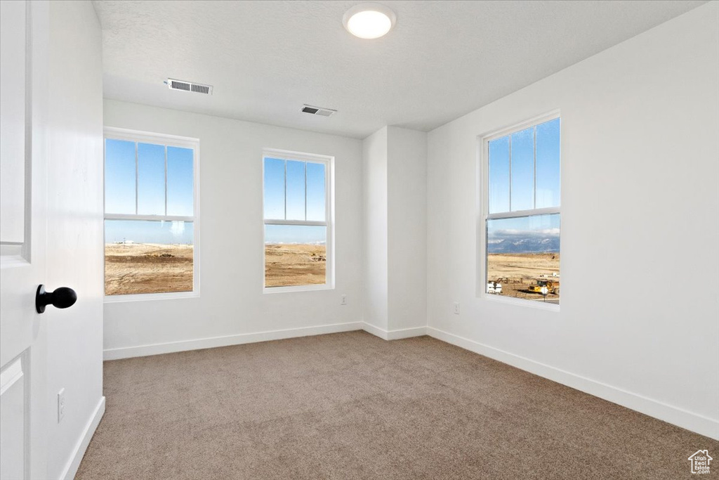 Empty room with carpet floors, visible vents, and baseboards