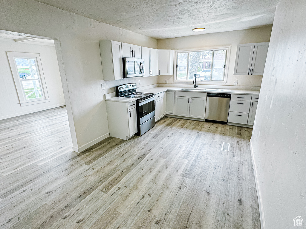 Kitchen with stainless steel appliances, light wood finished floors, and a sink