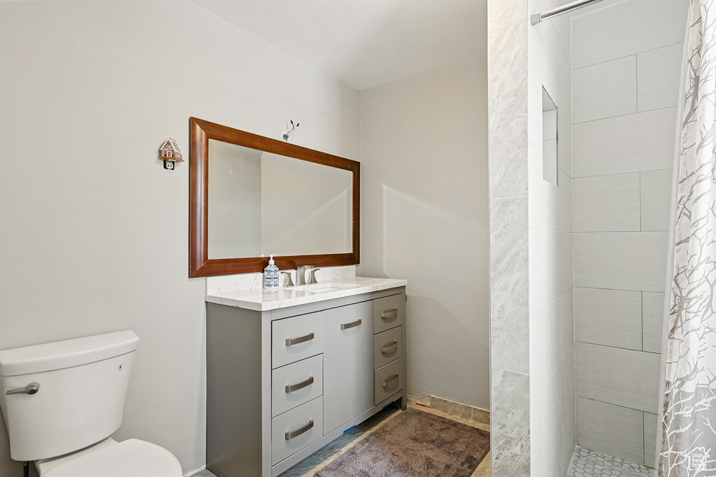Full bathroom featuring vanity, toilet, and tiled shower