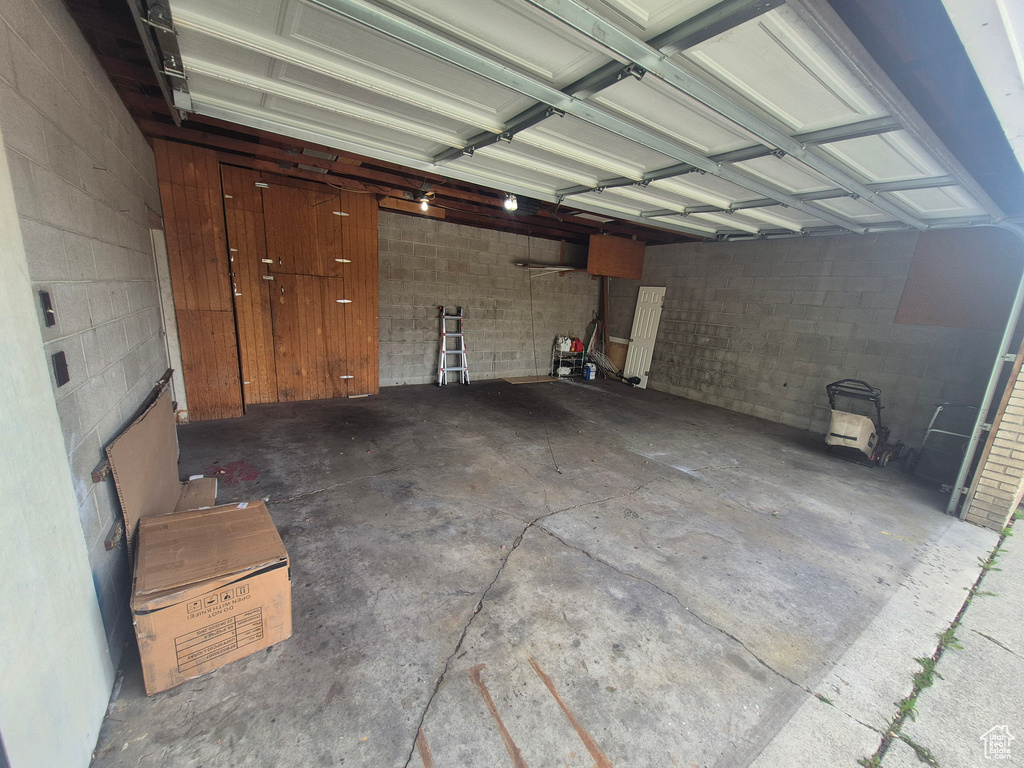 Garage with concrete block wall