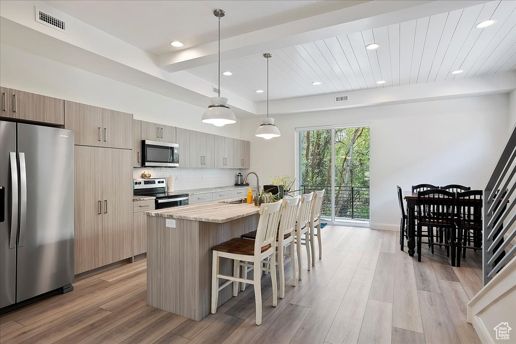 Kitchen featuring a breakfast bar area, visible vents, stainless steel appliances, recessed lighting, and a kitchen island with sink