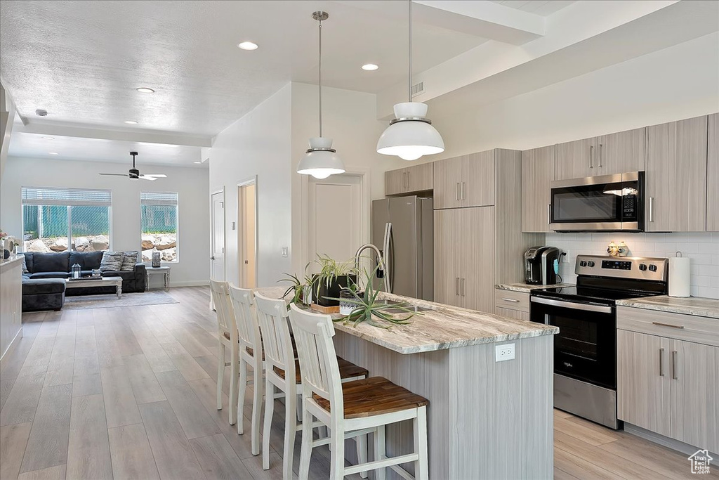 Kitchen featuring light wood finished floors, a kitchen breakfast bar, modern cabinets, and stainless steel appliances