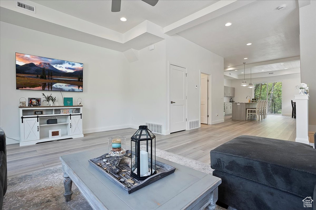 Living room with light wood-style floors and visible vents