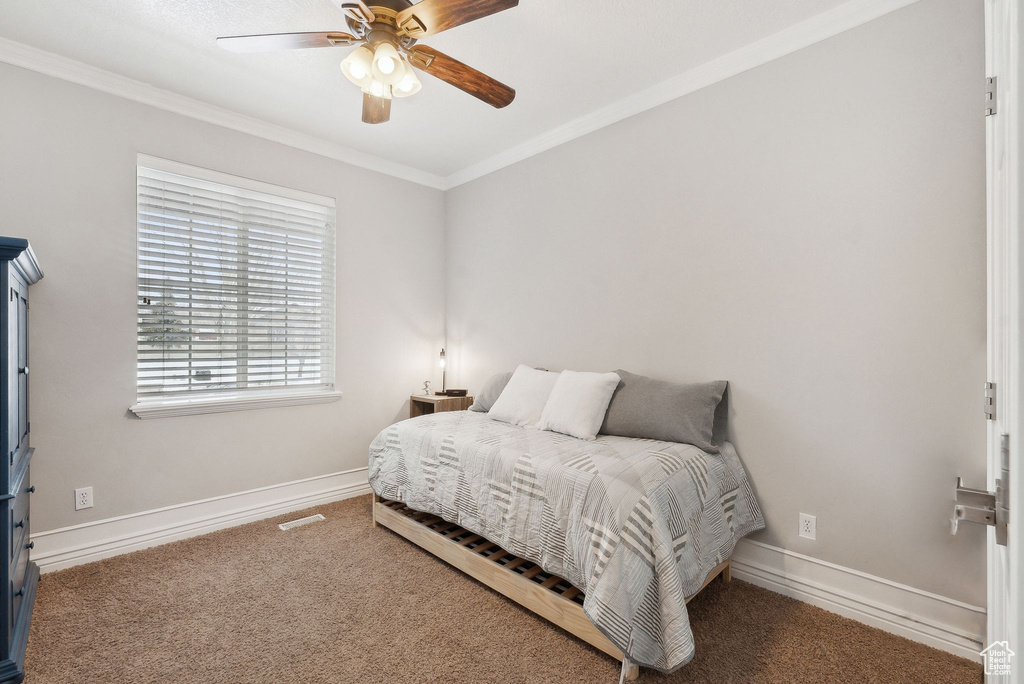Carpeted bedroom featuring visible vents, baseboards, ceiling fan, and ornamental molding
