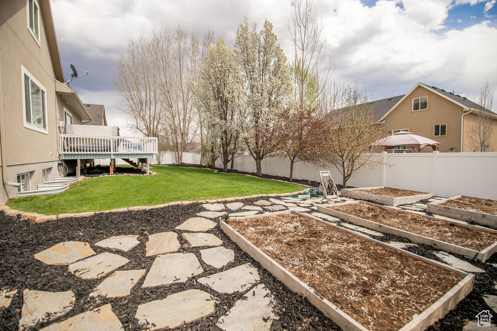 View of yard with a fenced backyard, a wooden deck, and a vegetable garden