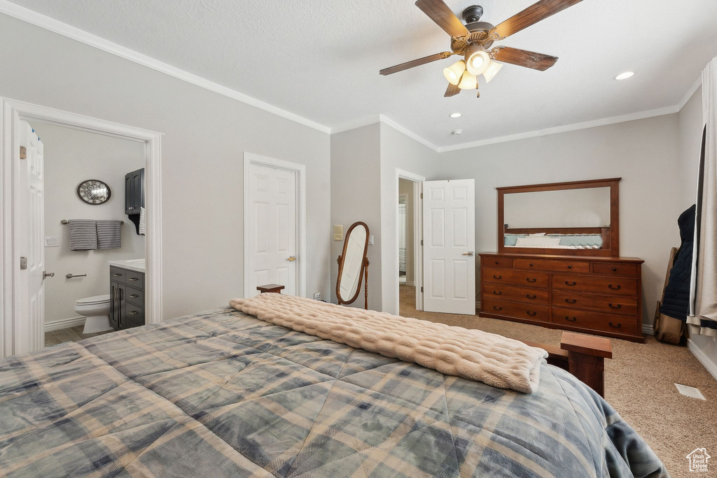 Carpeted bedroom featuring baseboards, crown molding, and ensuite bathroom