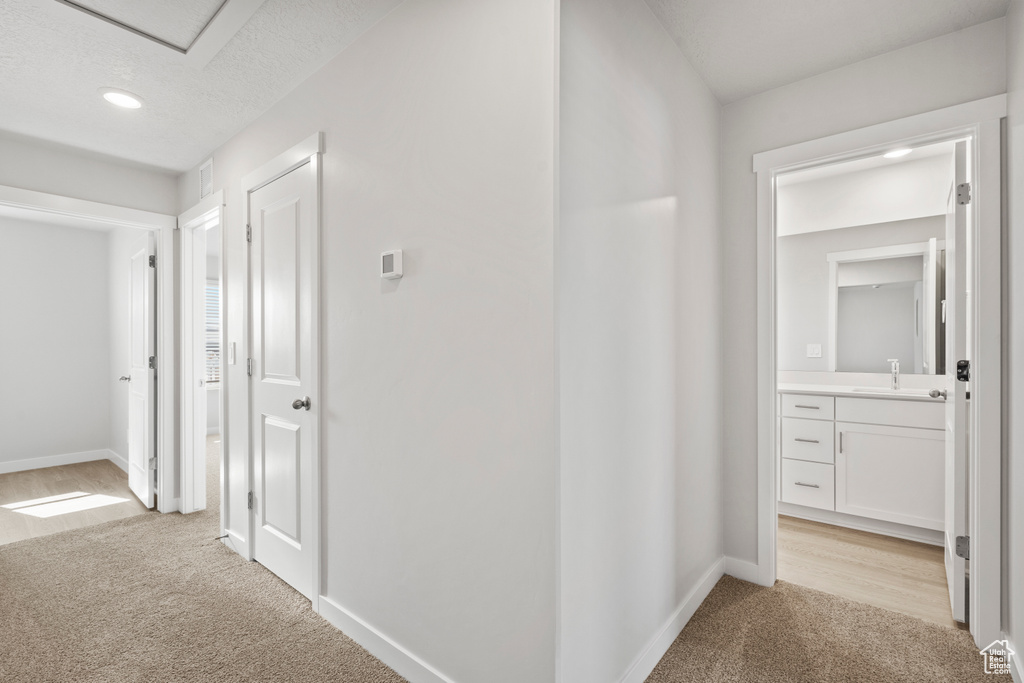 Hallway featuring a sink, baseboards, recessed lighting, and light colored carpet