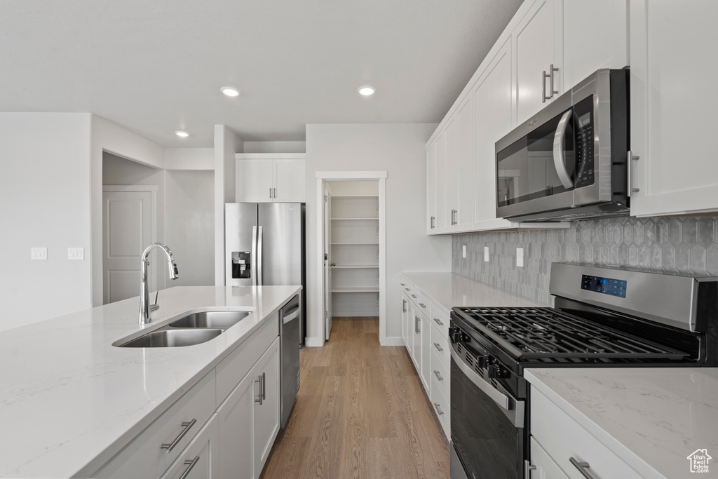 Kitchen featuring a sink, light wood finished floors, light stone countertops, and stainless steel appliances
