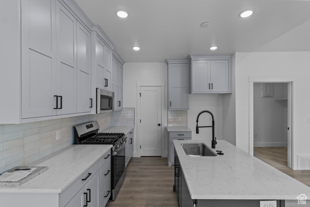 Kitchen with a kitchen island with sink, a sink, wood finished floors, and stainless steel appliances