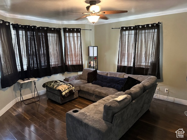 Living area featuring ornamental molding, a ceiling fan, wood finished floors, and baseboards