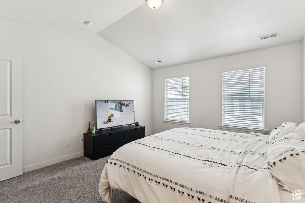 Carpeted bedroom with visible vents, lofted ceiling, and baseboards