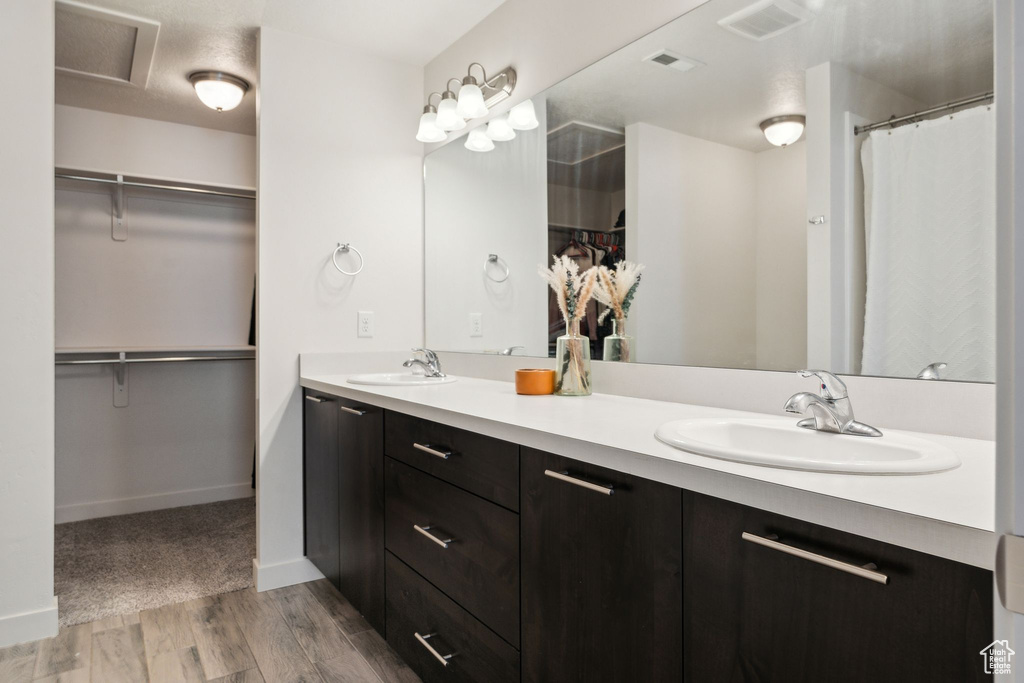 Bathroom with visible vents, wood finished floors, a spacious closet, and a sink