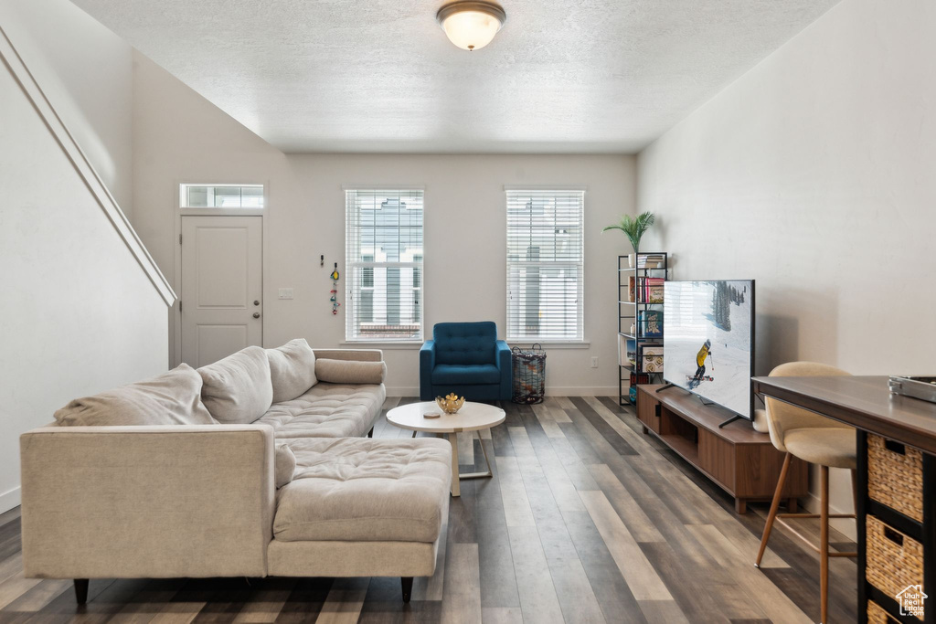 Living room featuring a textured ceiling, wood finished floors, and a healthy amount of sunlight