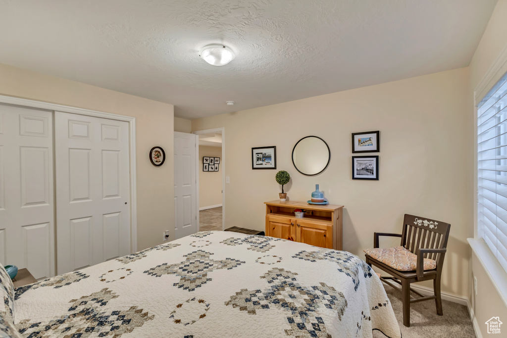 Bedroom featuring a closet, carpet flooring, a textured ceiling, and baseboards