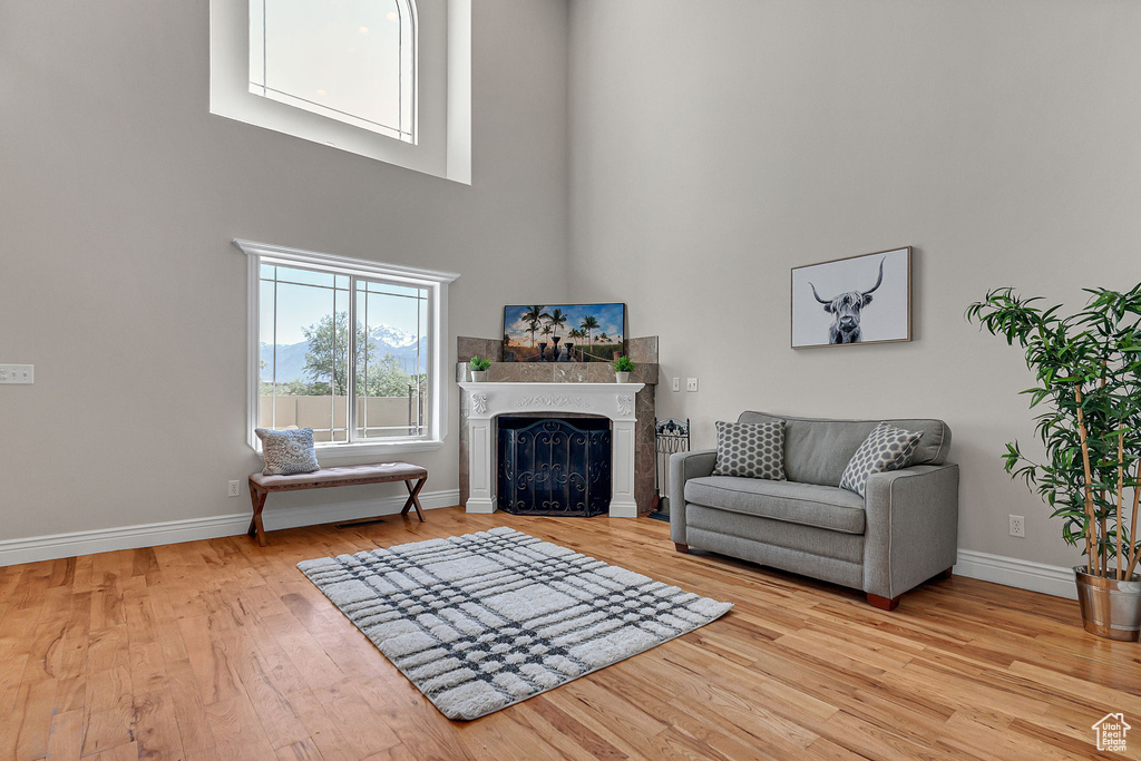 Living area with light wood-type flooring, a towering ceiling, a fireplace, and baseboards