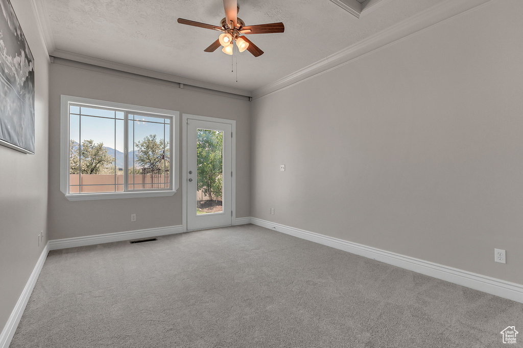 Carpeted spare room featuring a ceiling fan, baseboards, ornamental molding, and a textured ceiling