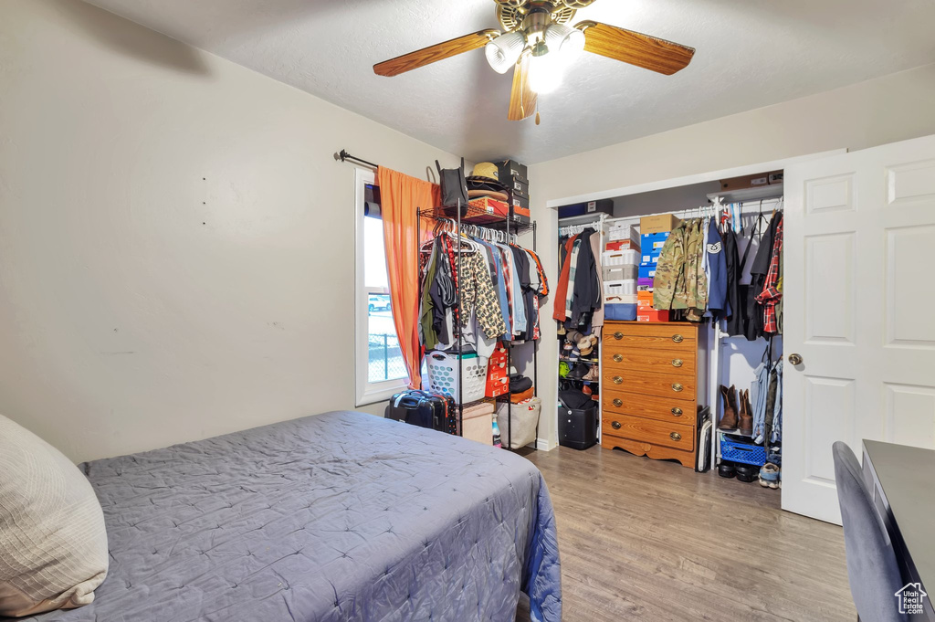 Bedroom featuring wood finished floors, ceiling fan, and a closet
