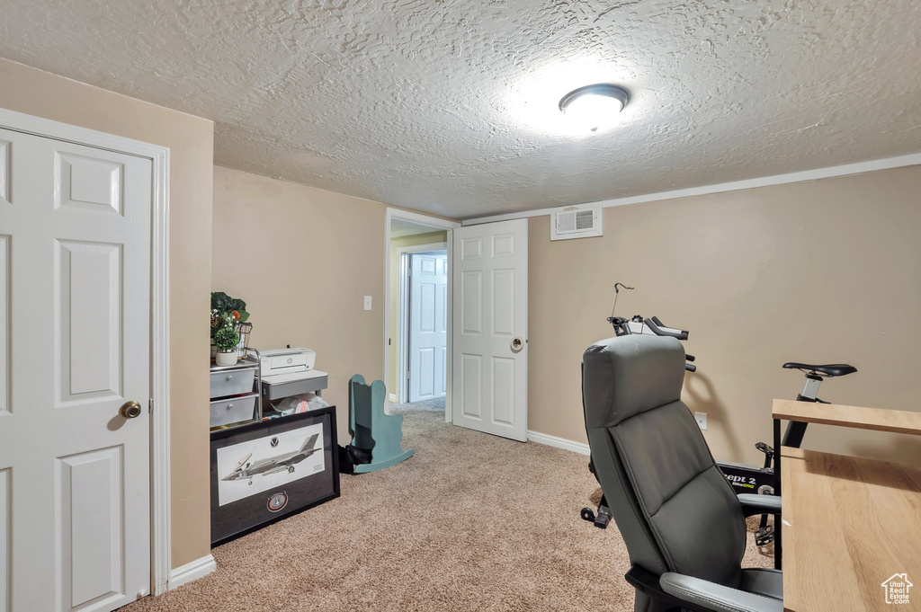 Carpeted office featuring a textured ceiling, visible vents, and baseboards