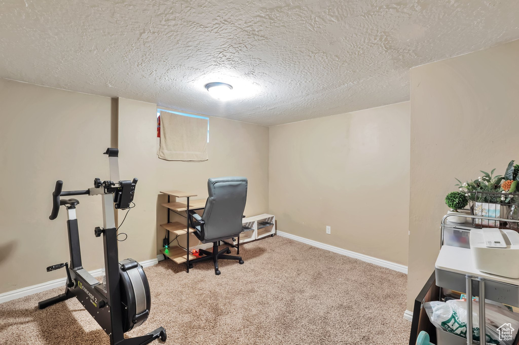 Office area featuring a textured ceiling, carpet flooring, and baseboards
