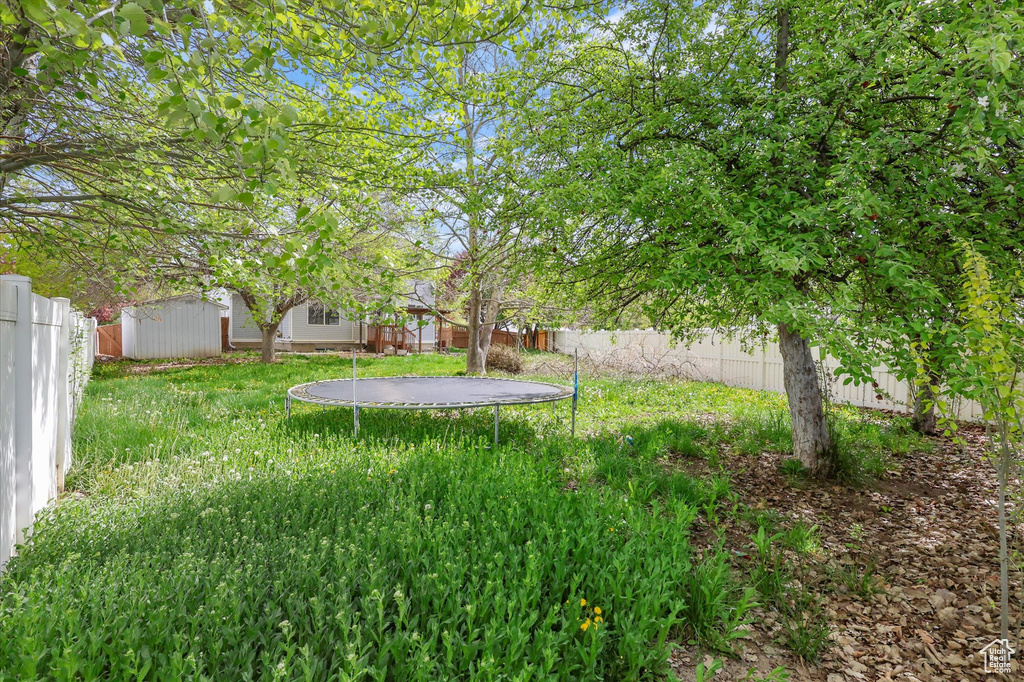 View of yard featuring a trampoline and a fenced backyard
