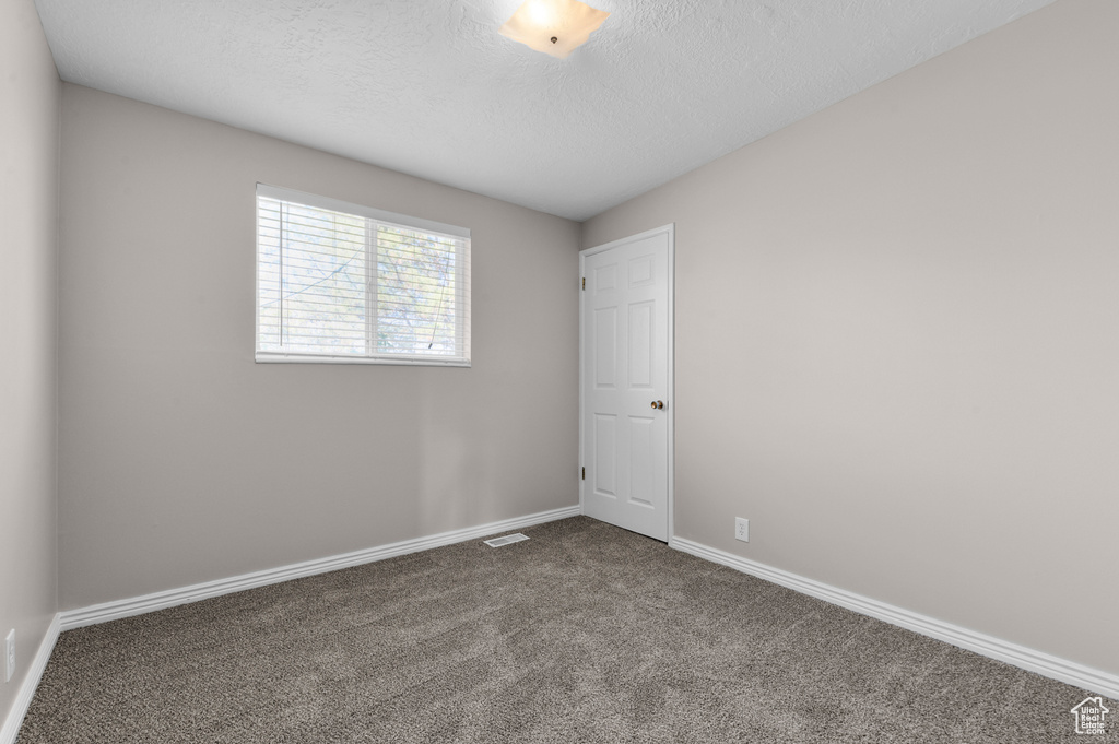 Carpeted spare room featuring a textured ceiling, visible vents, and baseboards