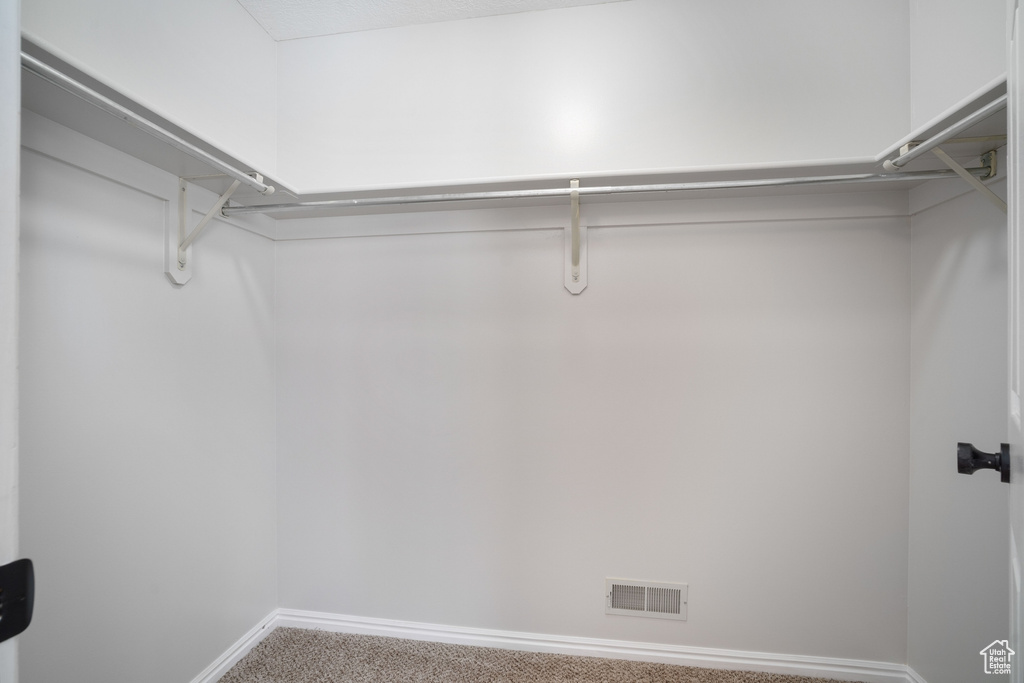 Walk in closet featuring visible vents and carpet floors