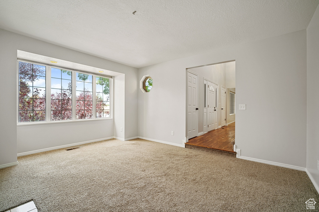 Spare room with carpet, visible vents, a textured ceiling, and baseboards