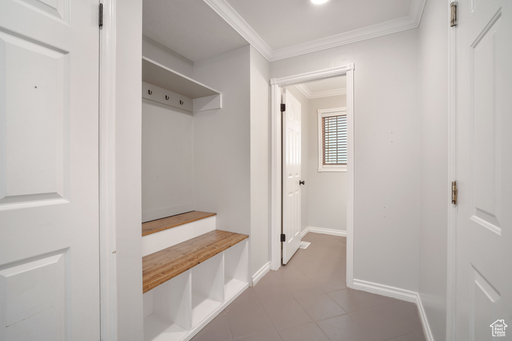 Mudroom featuring crown molding and baseboards