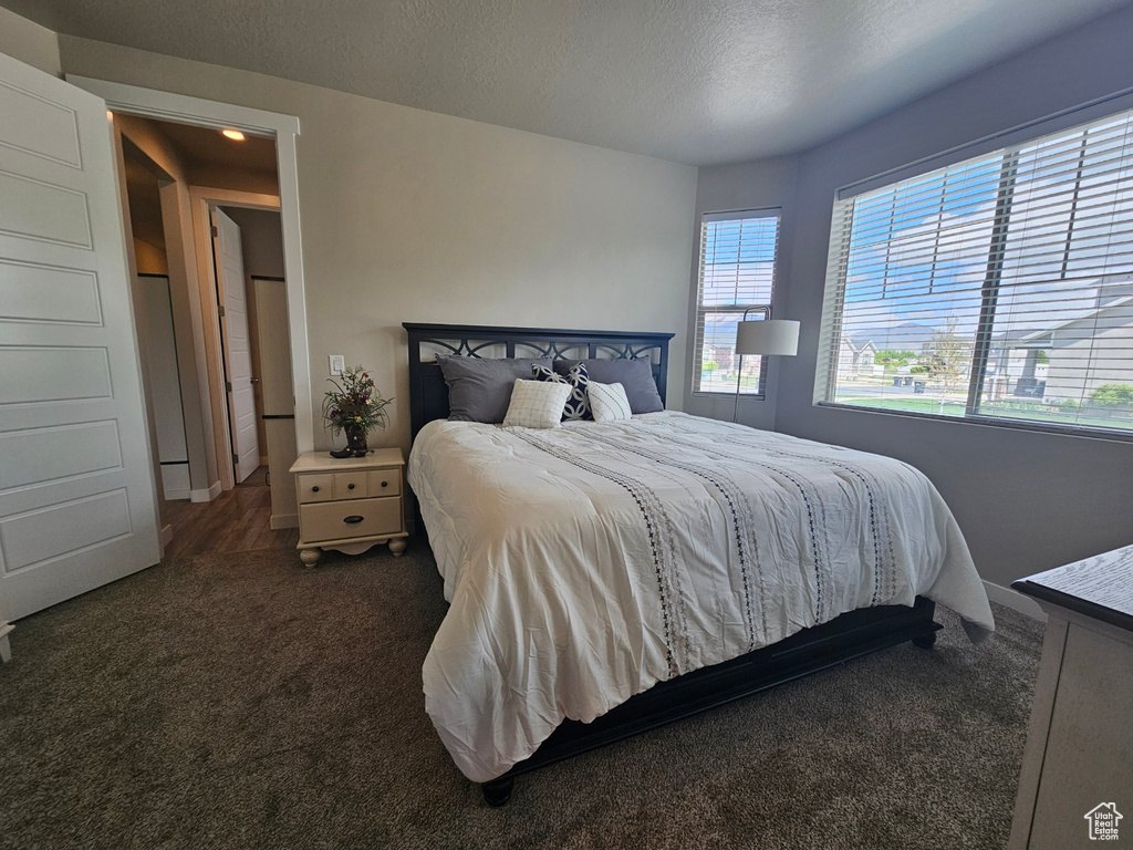 Carpeted bedroom featuring a textured ceiling