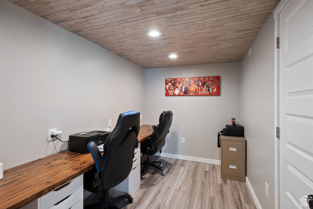 Office featuring light wood-style floors, recessed lighting, wood ceiling, and baseboards