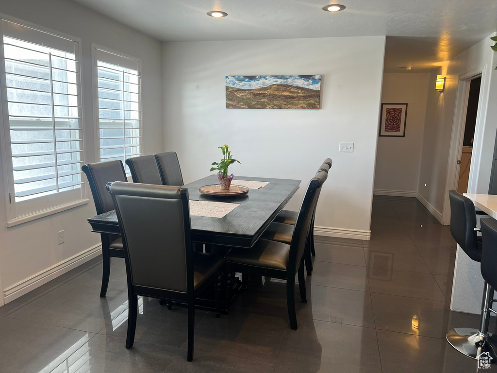Dining area featuring baseboards, a wealth of natural light, and dark tile patterned flooring