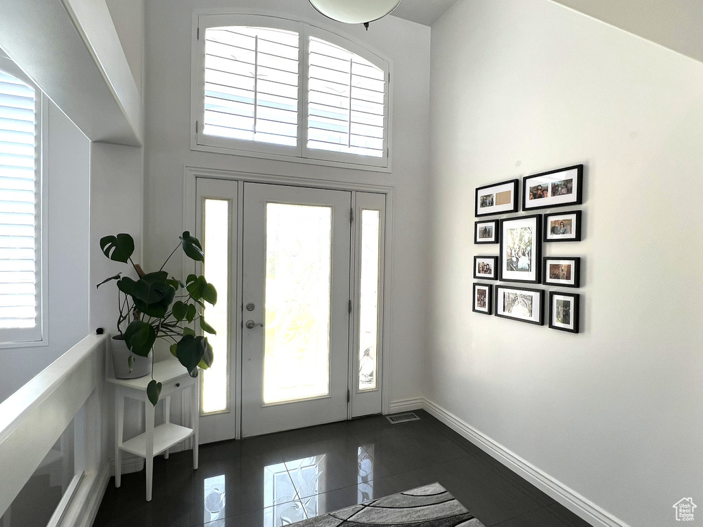 Entrance foyer with baseboards, a wealth of natural light, and a high ceiling