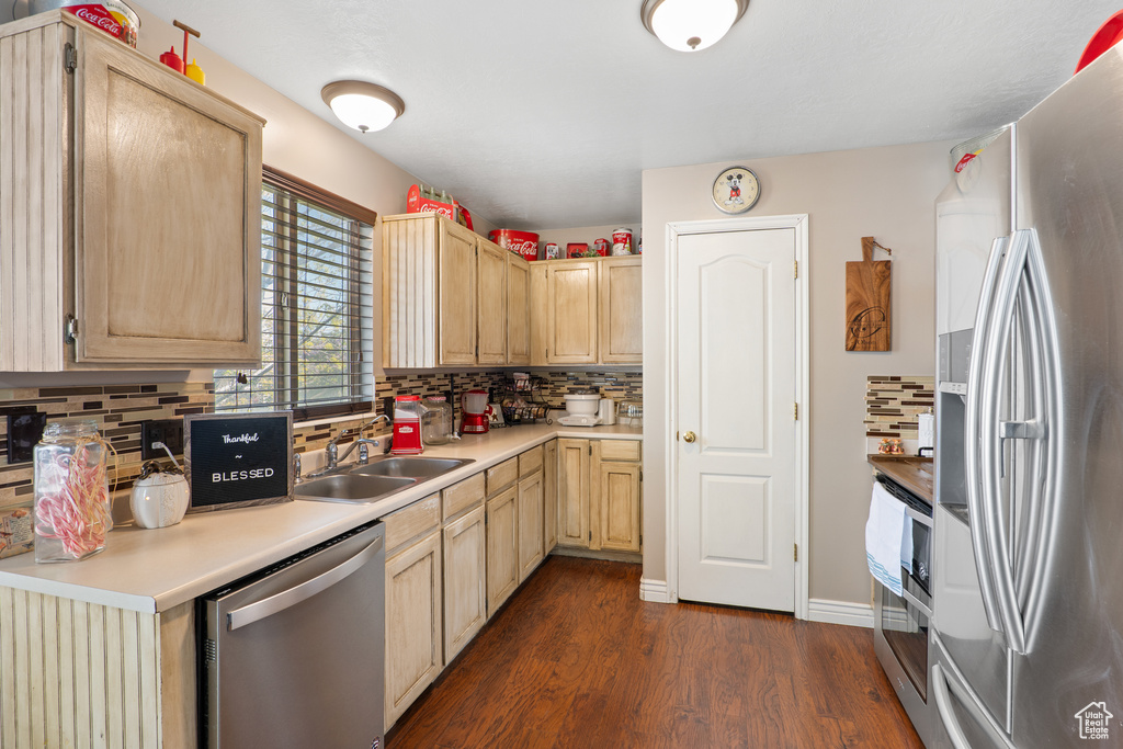 Kitchen featuring stainless steel appliances, backsplash, light brown cabinets, and a sink
