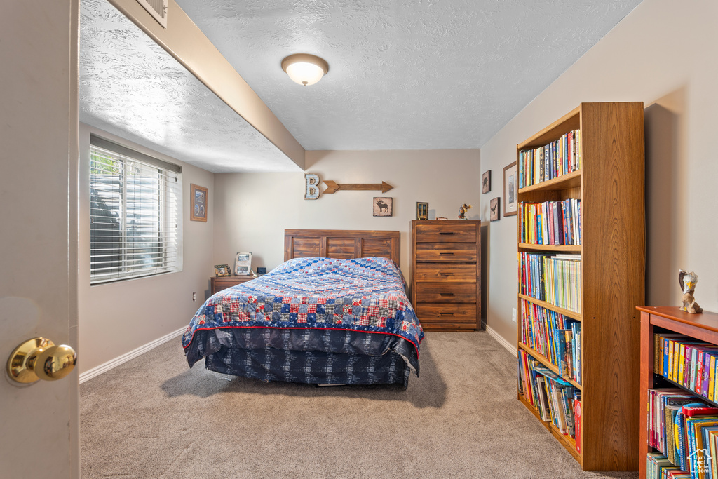 Bedroom featuring a textured ceiling, carpet floors, and baseboards
