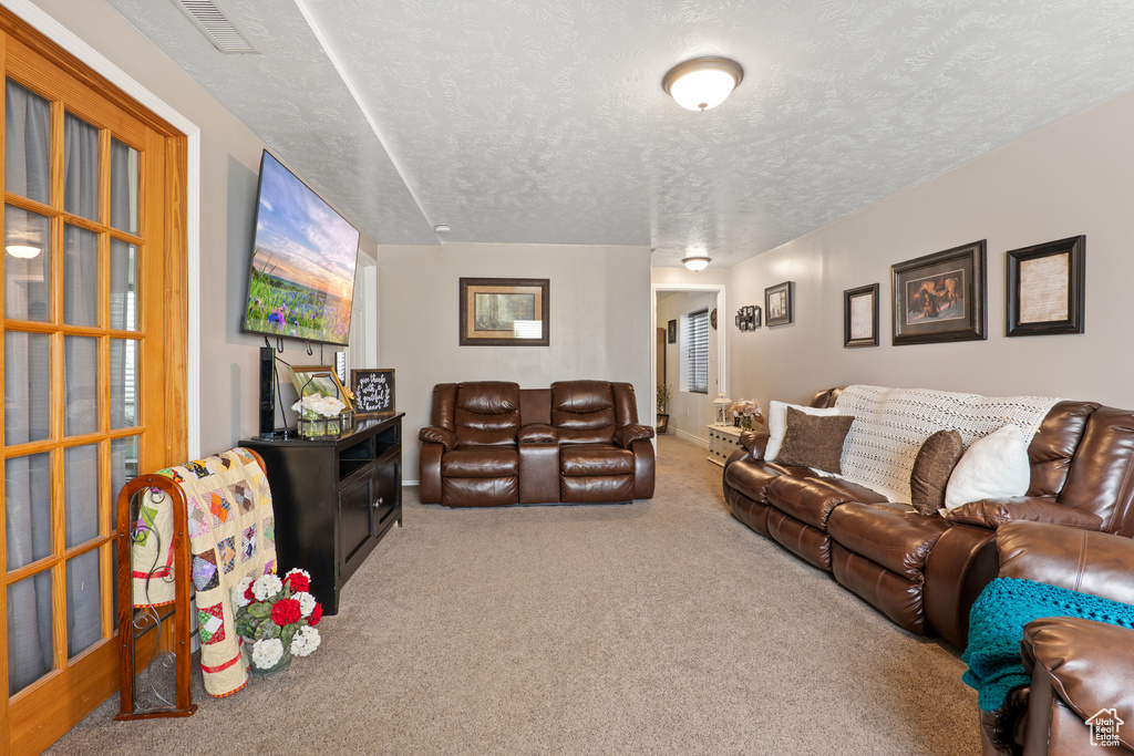 Carpeted living area with a textured ceiling and visible vents
