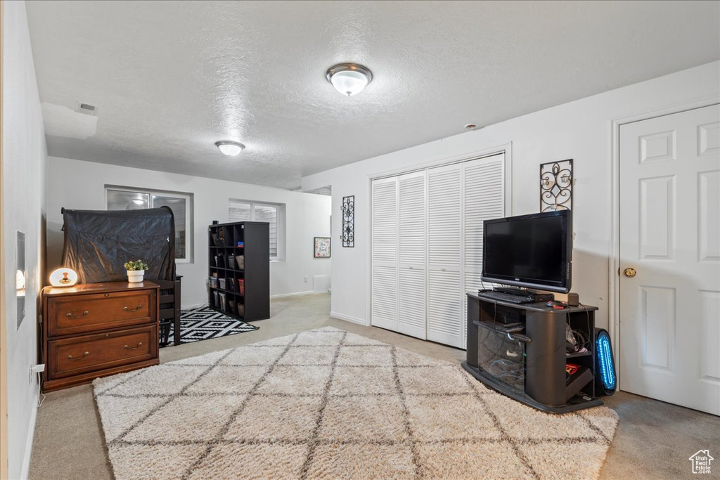 Carpeted bedroom featuring baseboards, a textured ceiling, and a closet