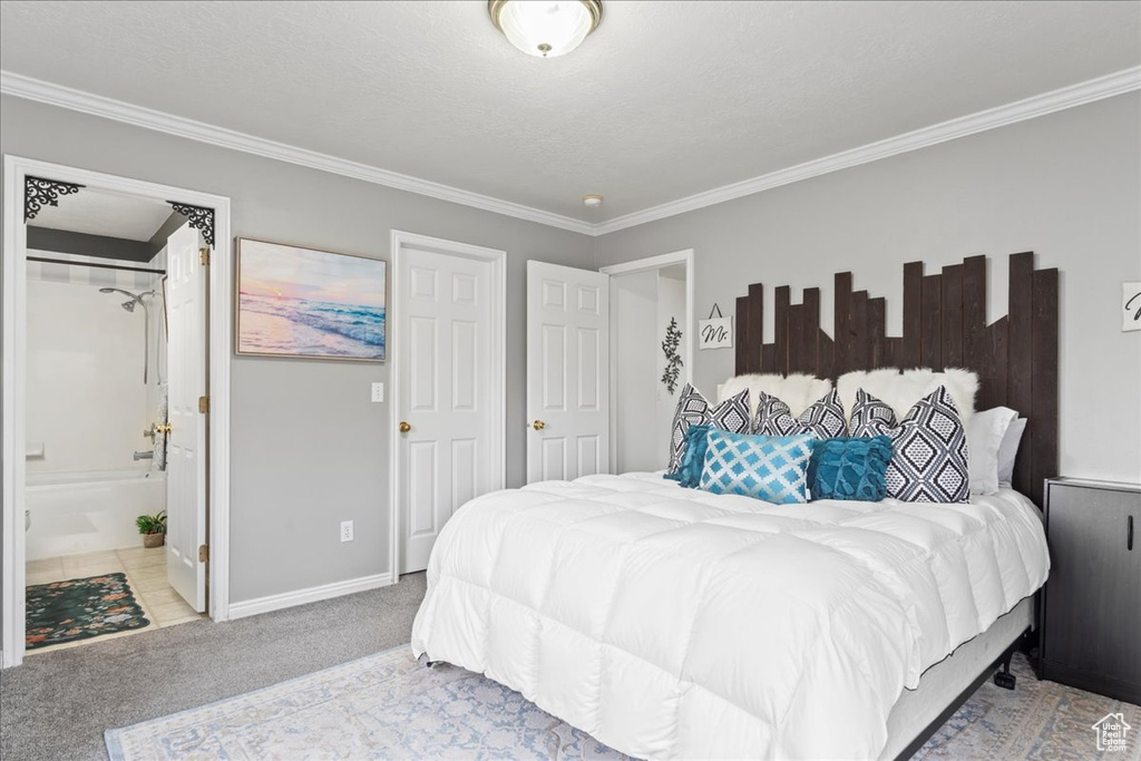 Carpeted bedroom with ornamental molding, ensuite bath, and baseboards
