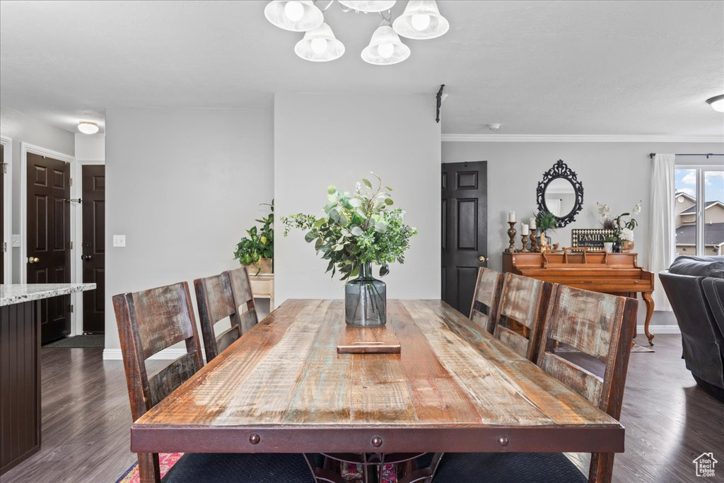 Dining space featuring a chandelier, crown molding, and dark wood-style floors