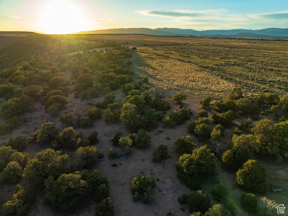 Aerial view at dusk featuring a mountain view and a rural view