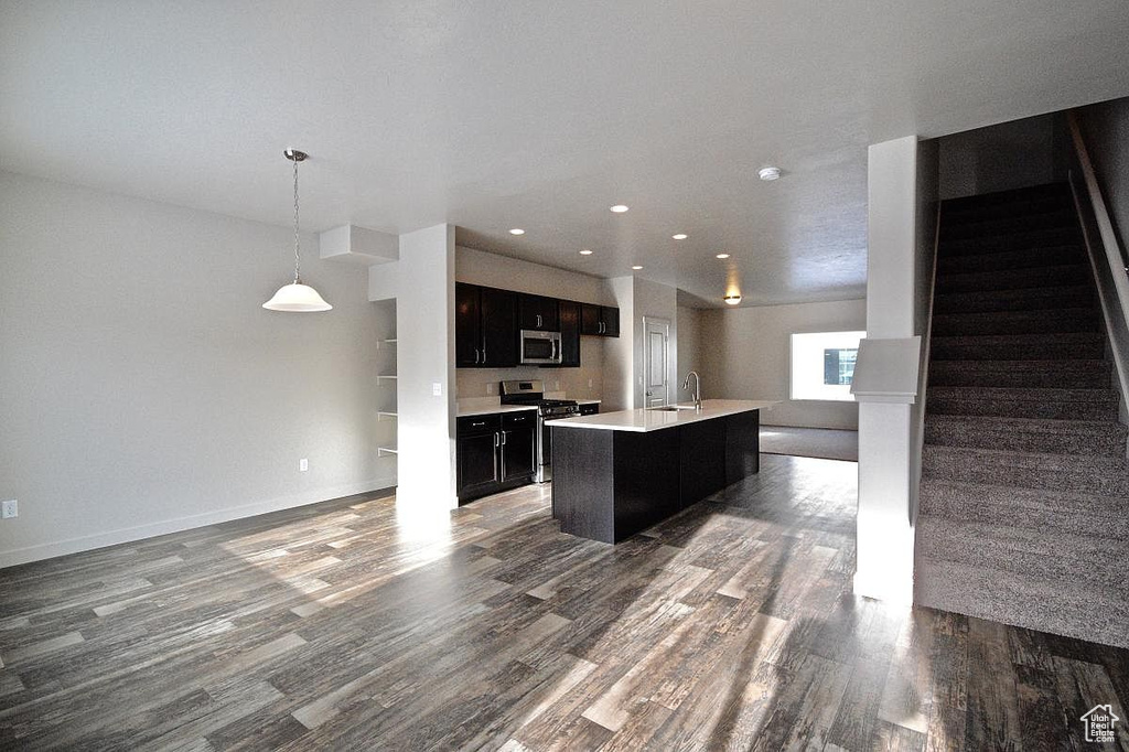 Kitchen featuring wood finished floors, dark cabinets, stainless steel appliances, light countertops, and open floor plan