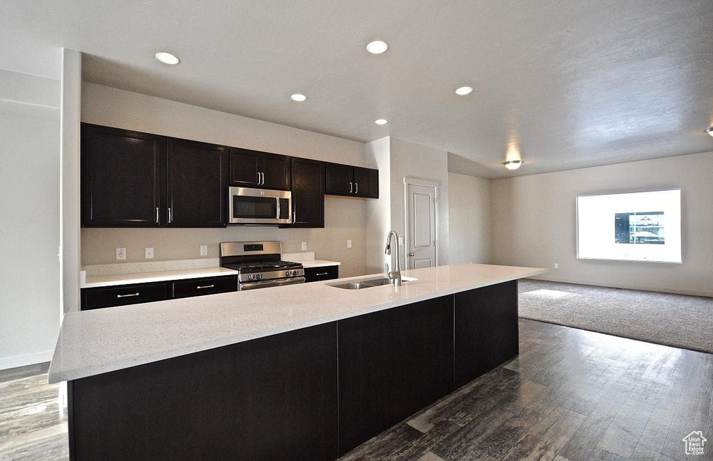 Kitchen featuring a sink, stainless steel appliances, dark cabinetry, light countertops, and wood finished floors
