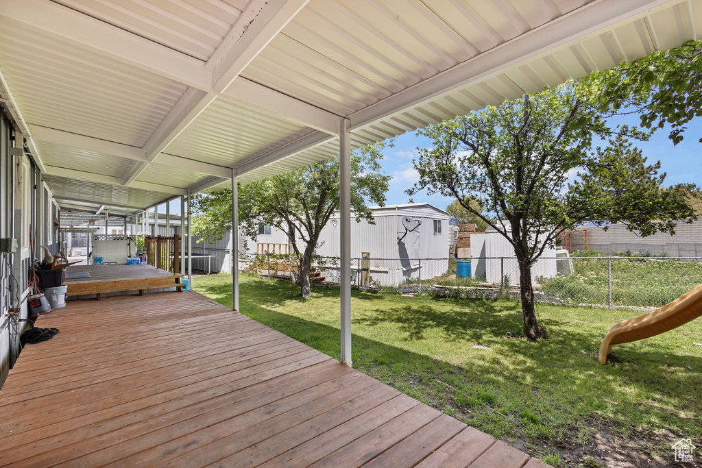 Deck with a yard and a fenced backyard