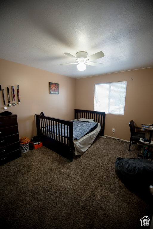 Carpeted bedroom with ceiling fan