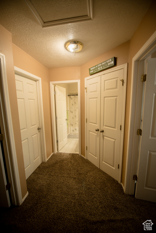 Hallway featuring carpet floors, a textured ceiling, and baseboards
